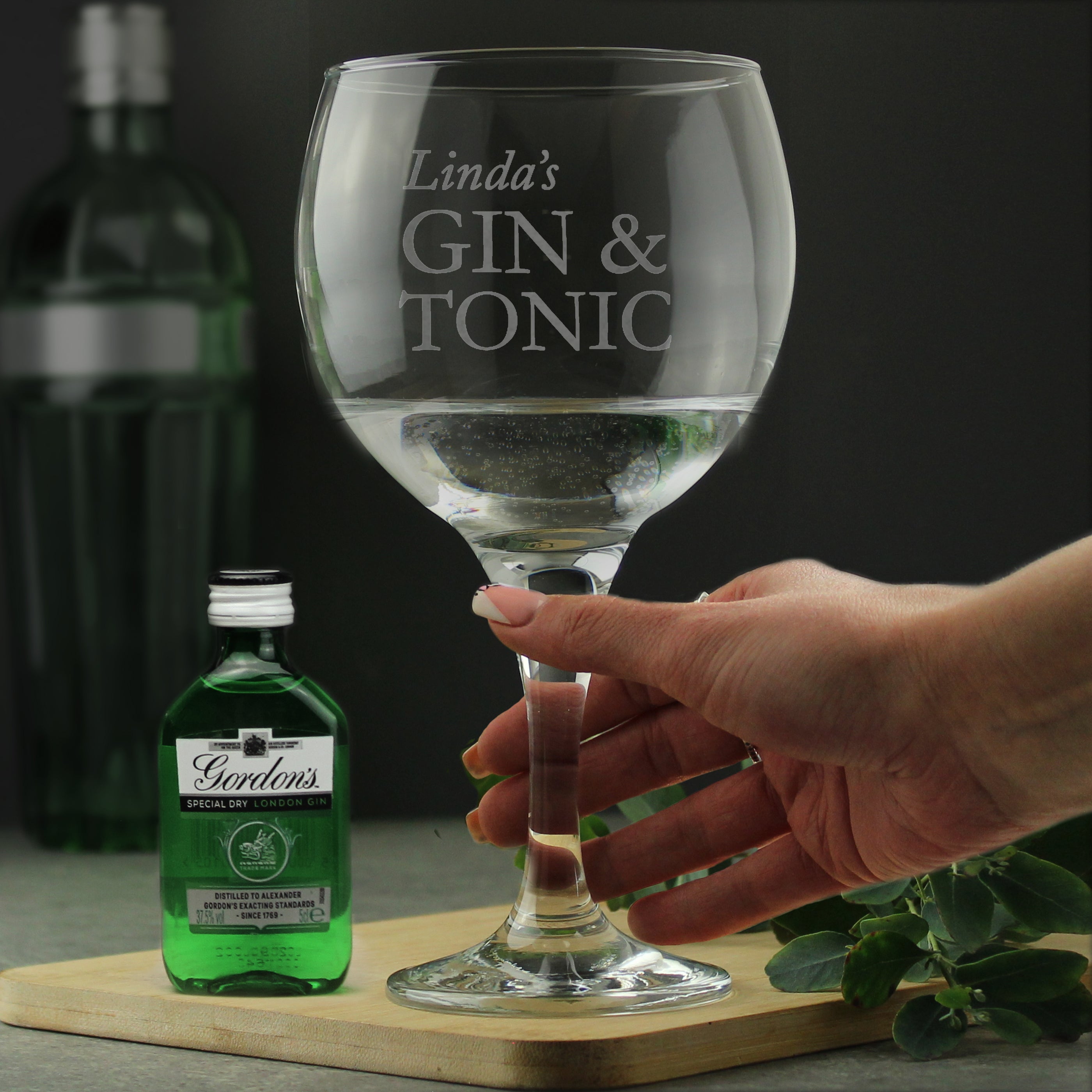 Personalised Gin & Tonic Balloon Glass With Gin Miniature Set