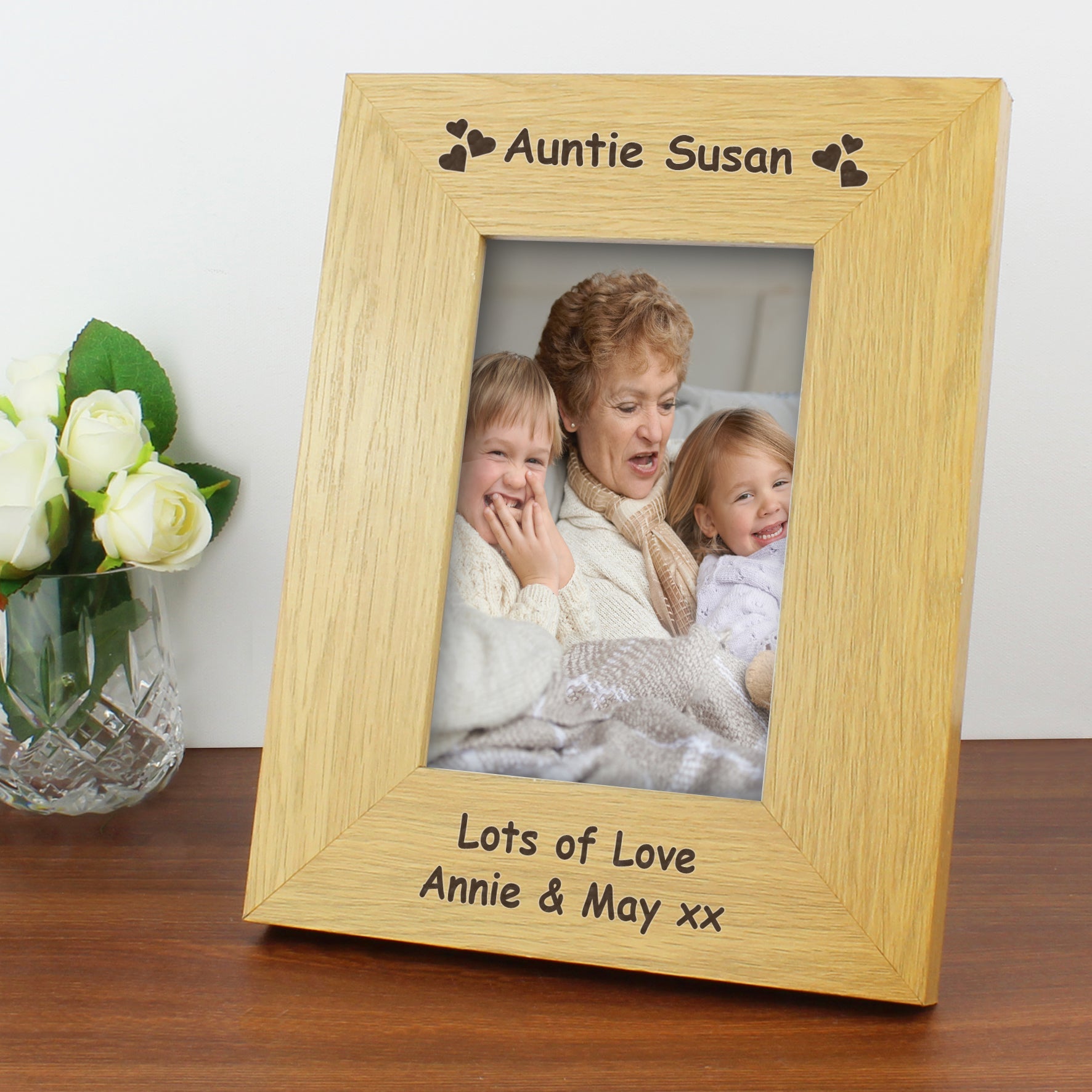 Personalised Hearts 6x4 Inch Oak Finish Photo Frame