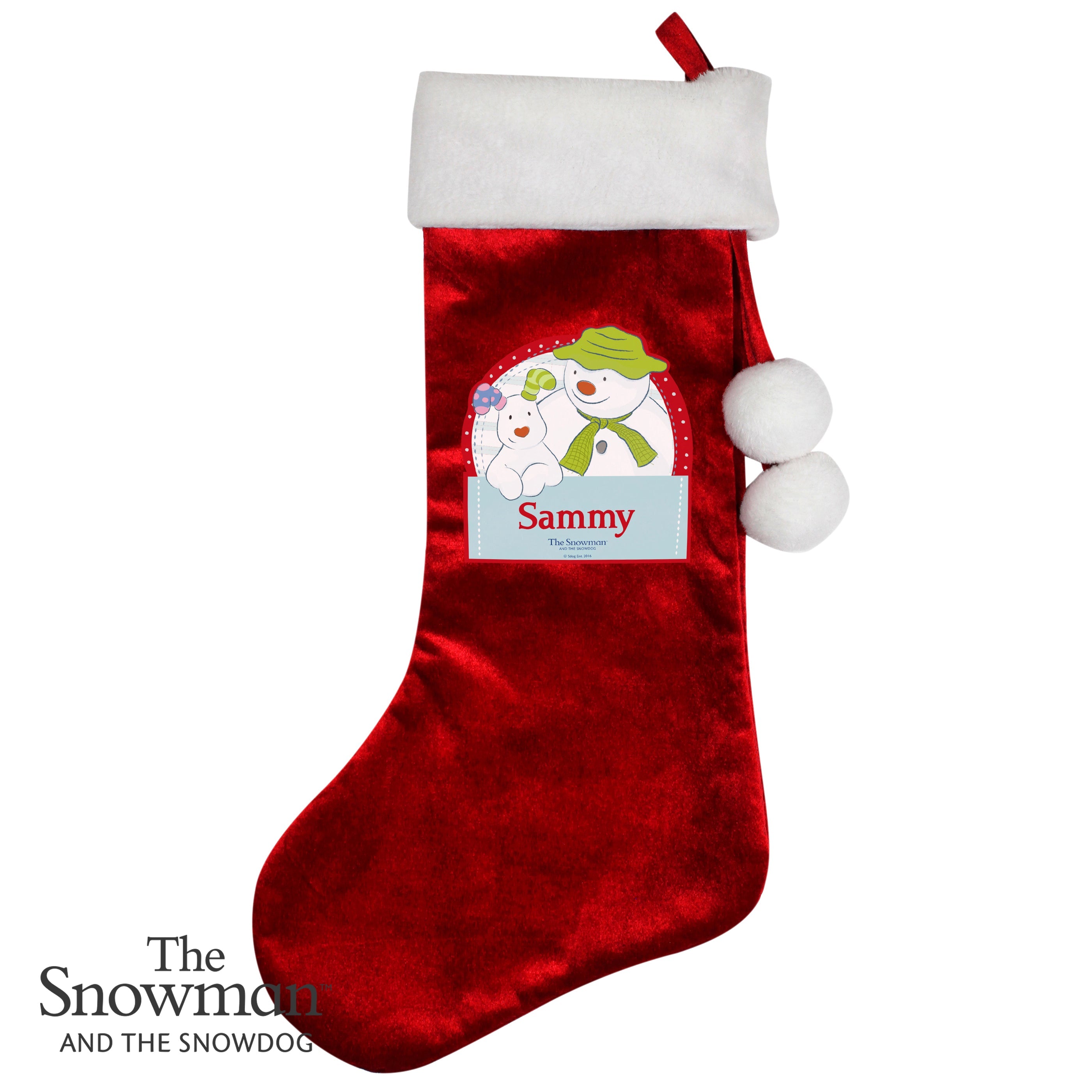 Personalised The Snowman And The Snowdog Luxury Red Stocking