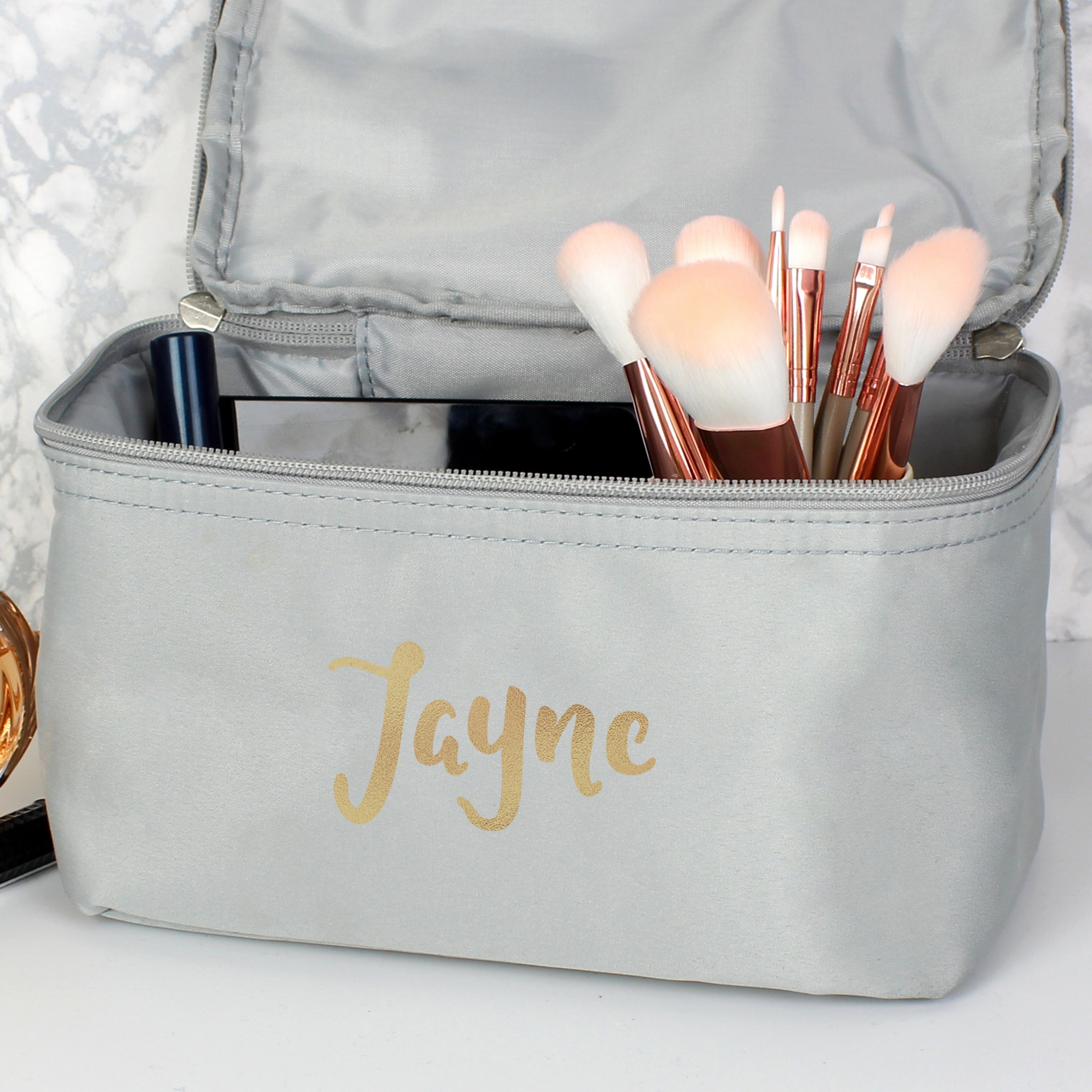 Personalised Gold Name Grey Vanity Bag
