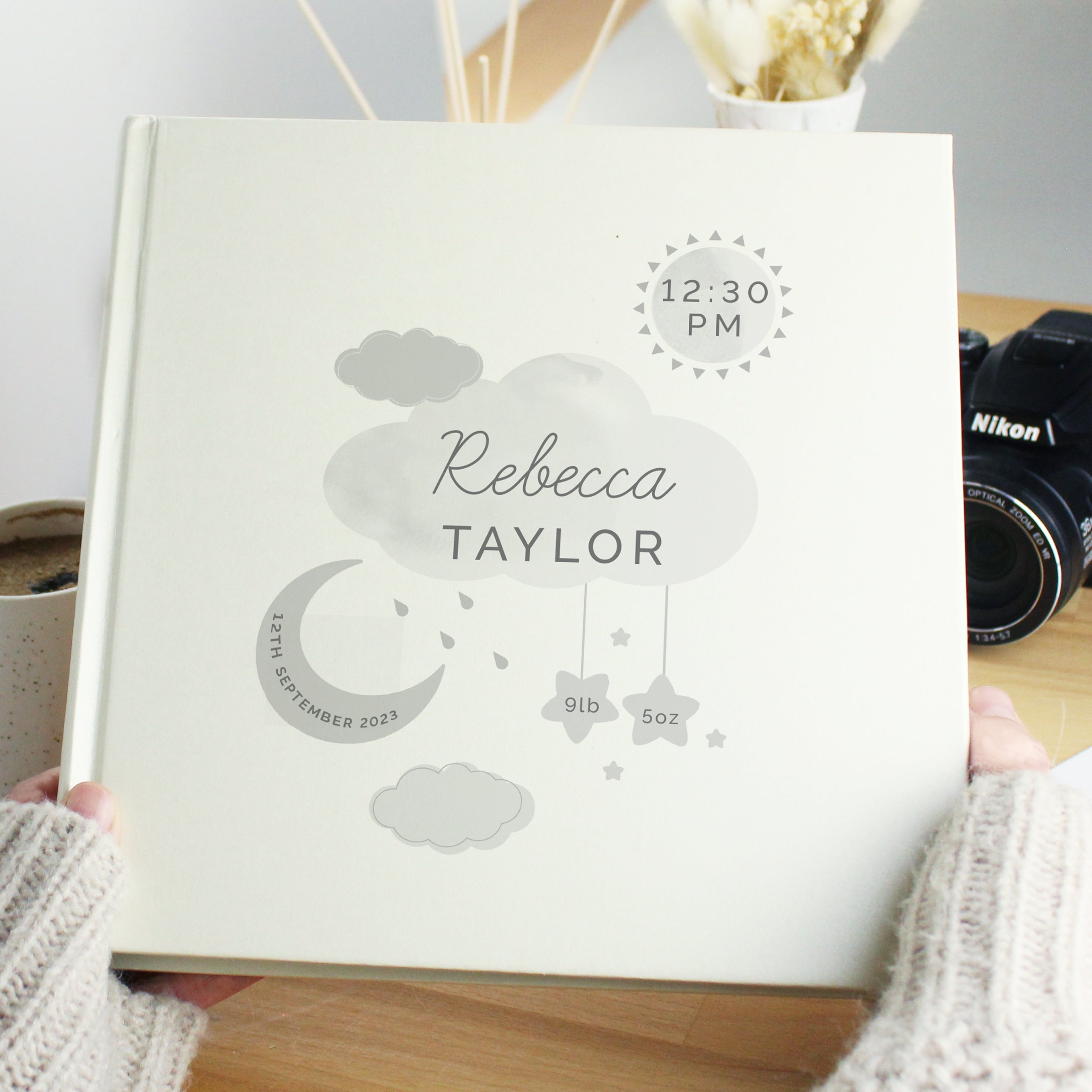Personalised New Baby Moon & Stars Album With Sleeves