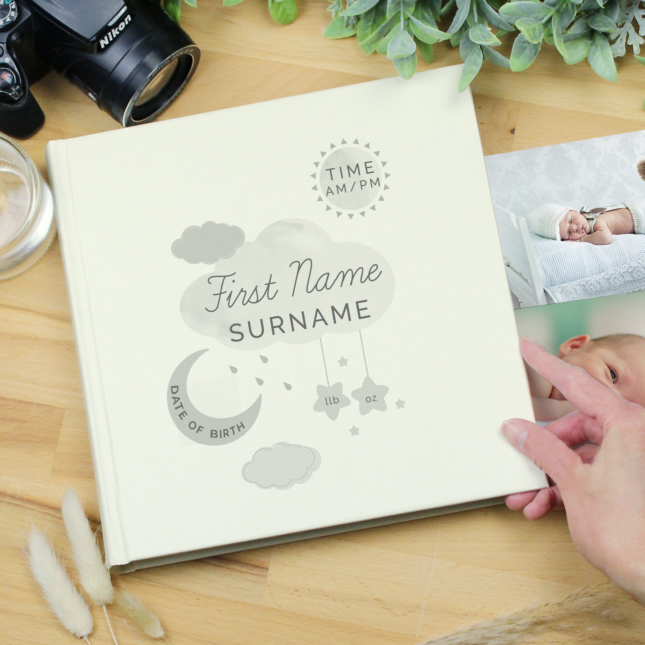 Personalised New Baby Moon & Stars Album With Sleeves