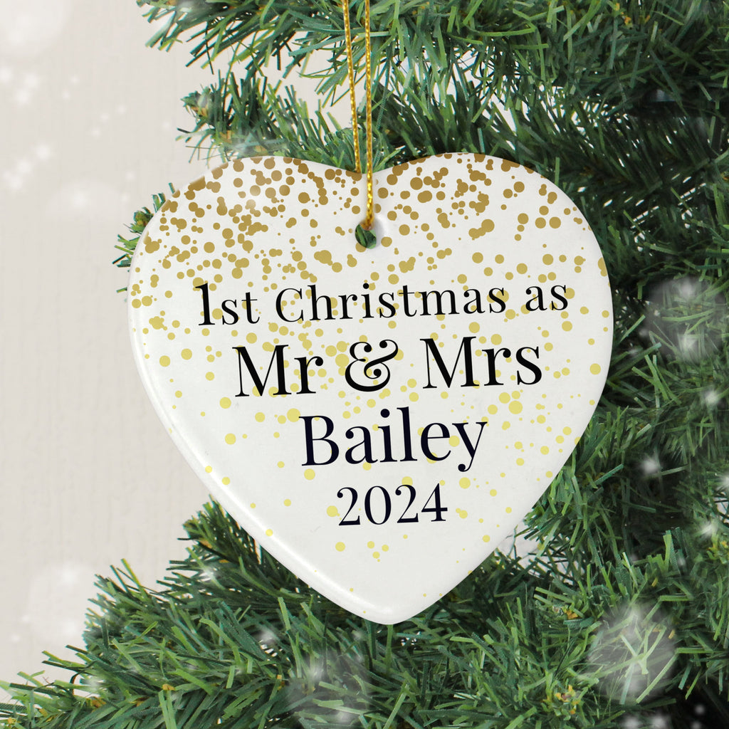 Personalised Mr And Mrs 1st Christmas Ceramic Heart Decoration