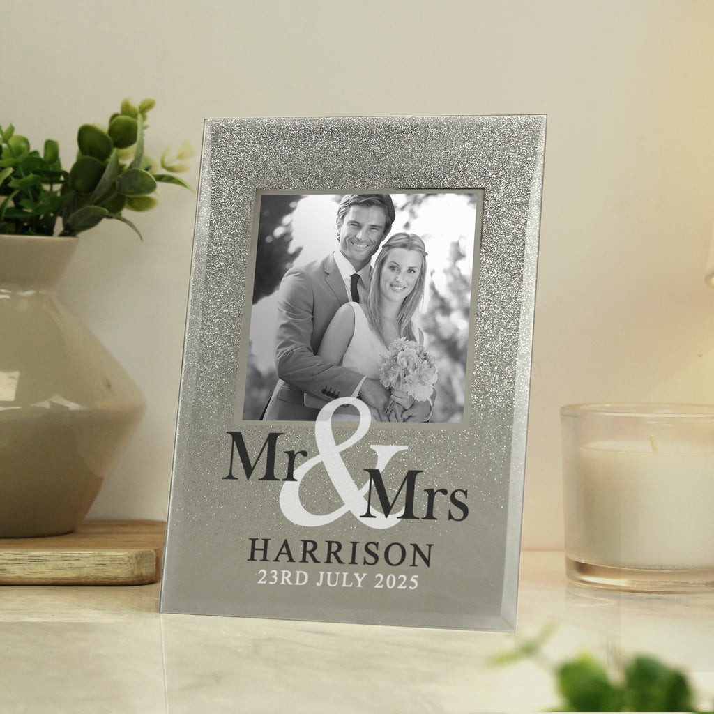 Personalised Mr & Mrs 4x4 Inch Glitter Glass Photo Frame