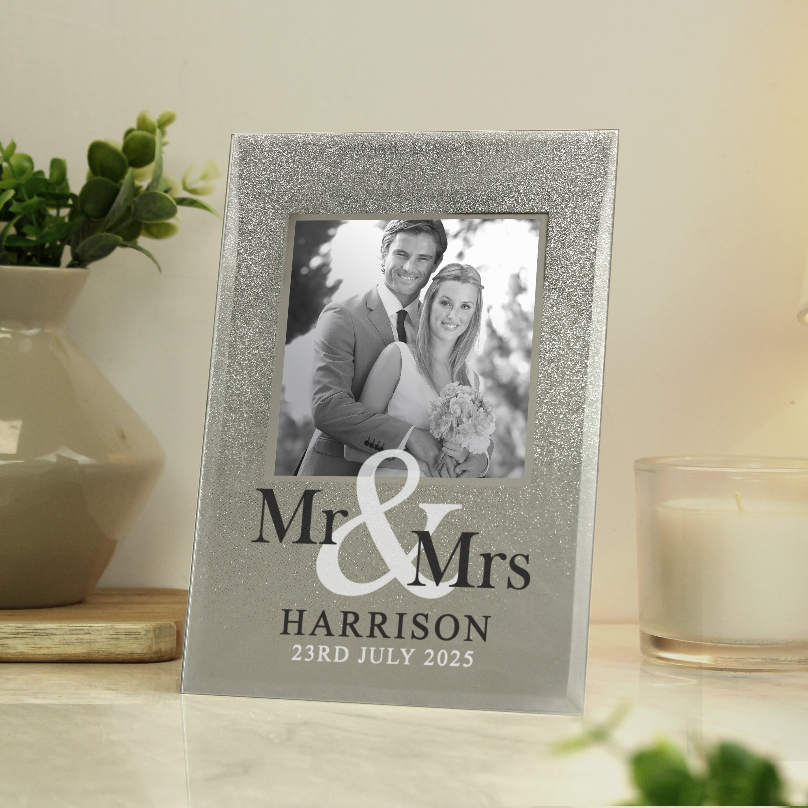 Personalised Mr & Mrs 4x4 Inch Glitter Glass Photo Frame