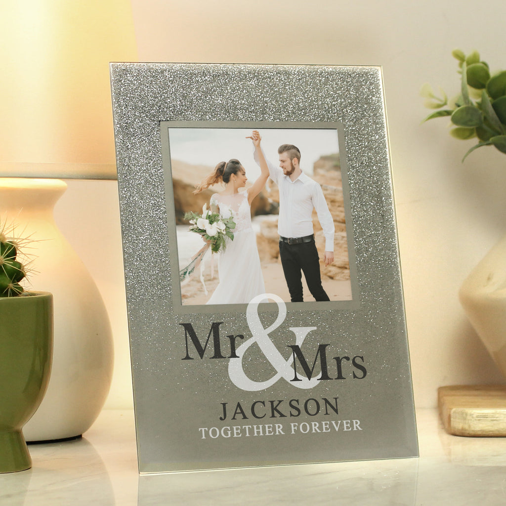 Personalised Mr & Mrs 4x4 Inch Glitter Glass Photo Frame