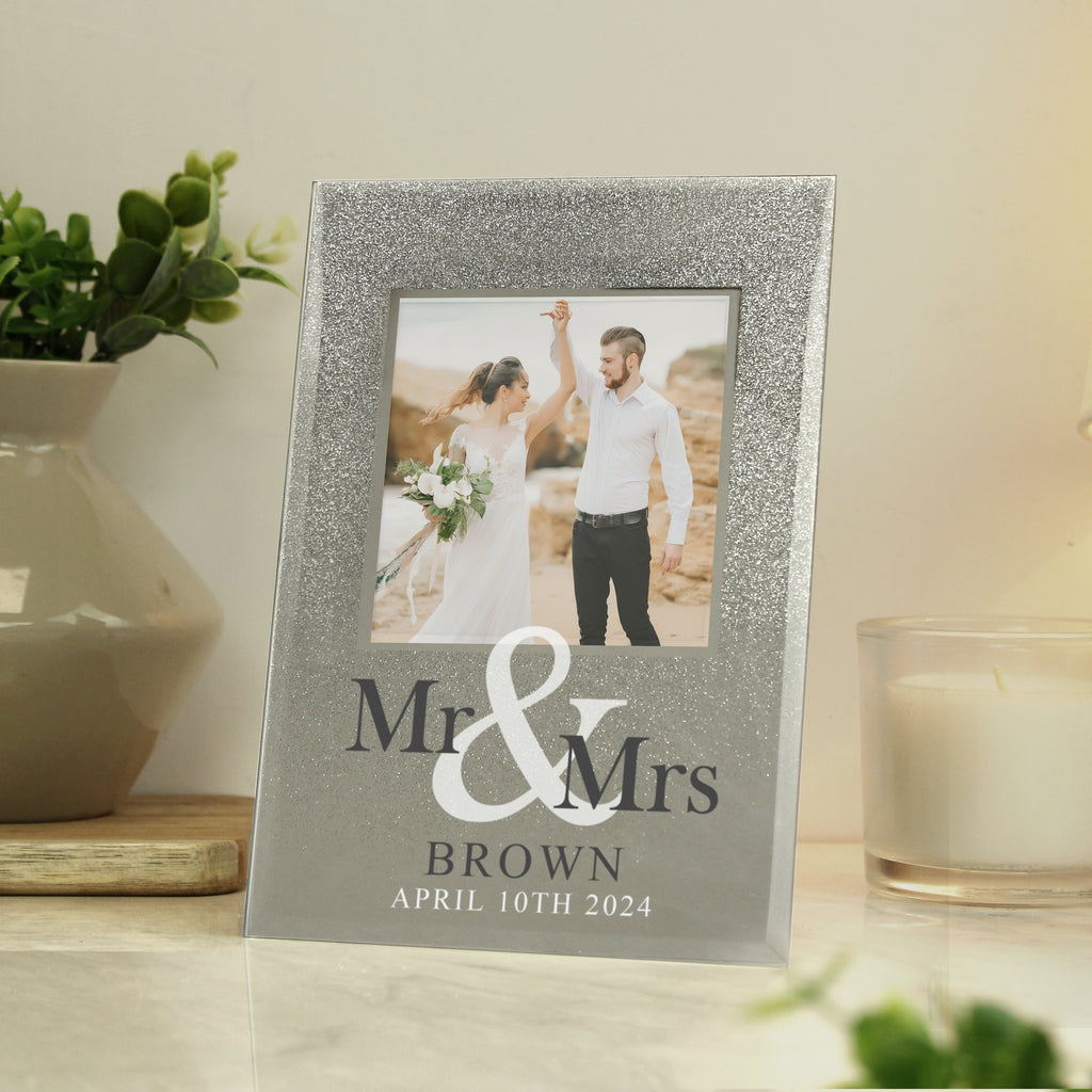 Personalised Mr & Mrs 4x4 Inch Glitter Glass Photo Frame
