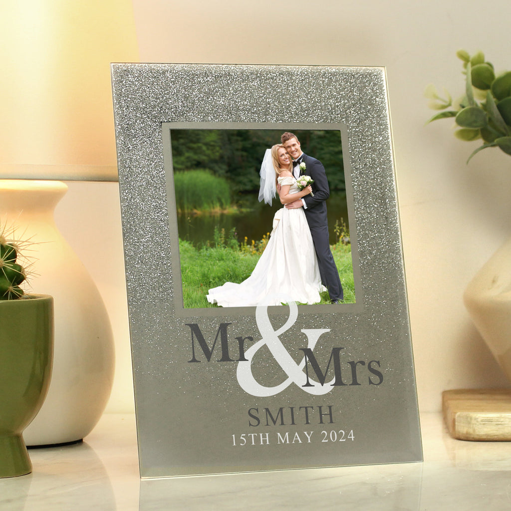 Personalised Mr & Mrs 4x4 Inch Glitter Glass Photo Frame