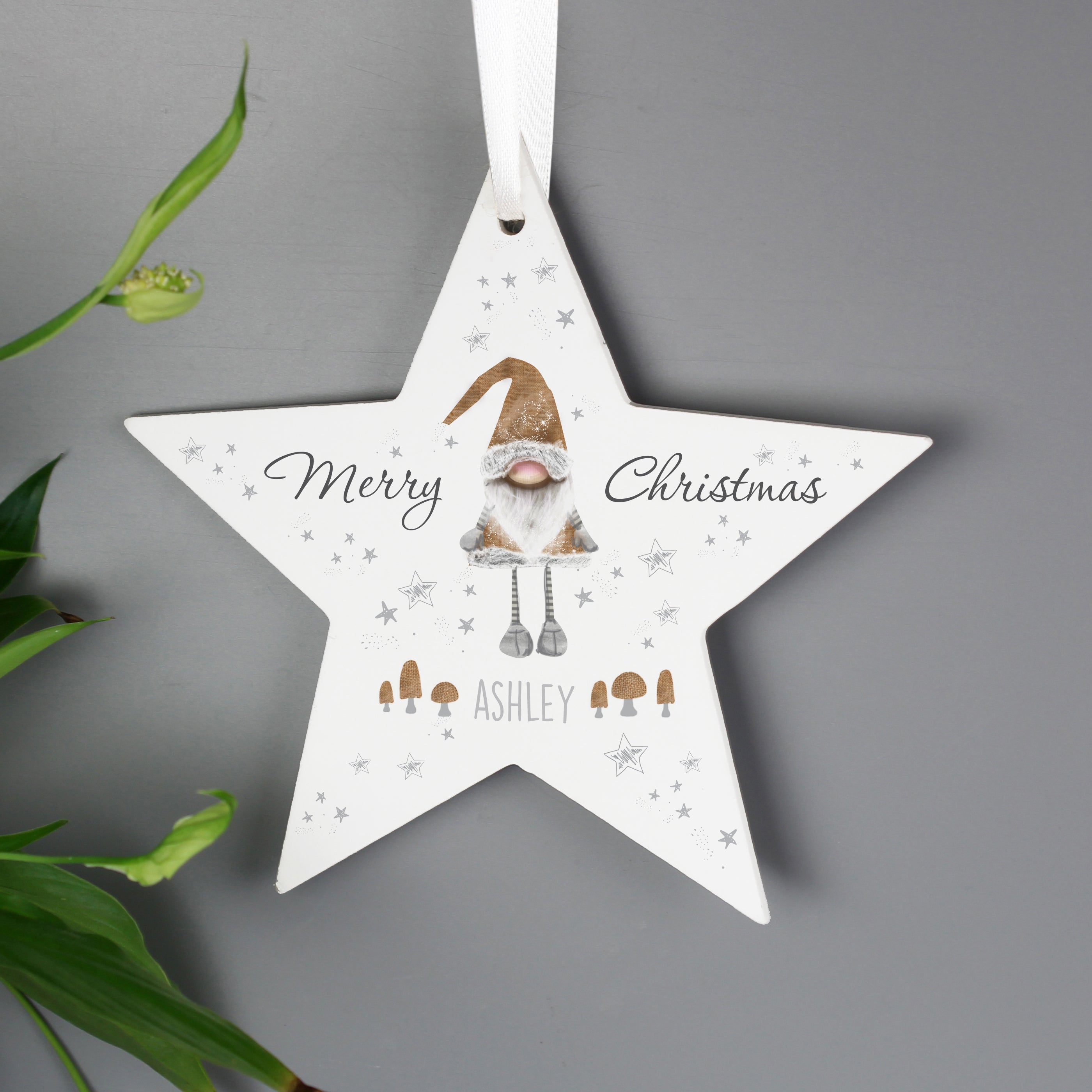 Personalised Scandinavian Christmas Gnome Wooden Star Decoration