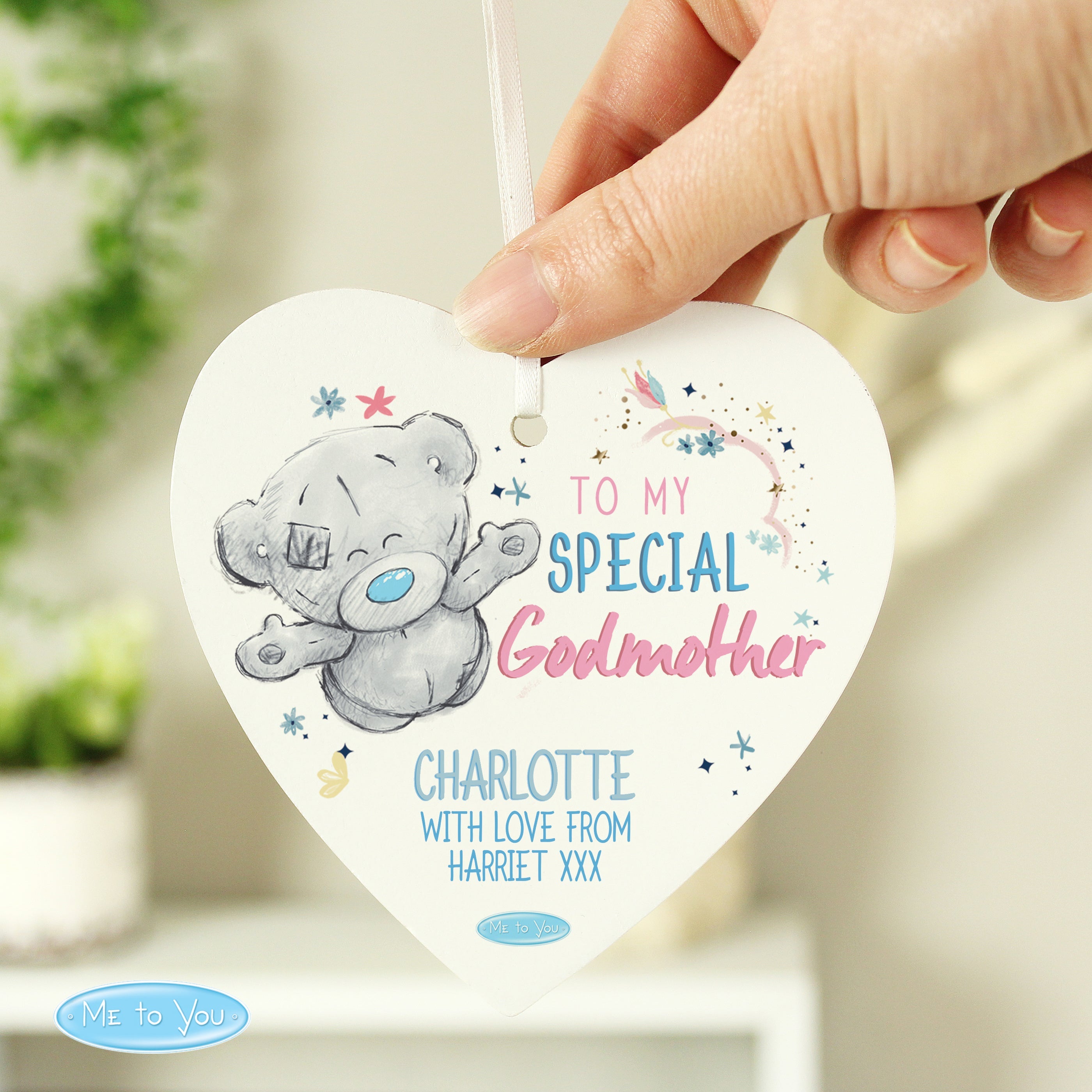 Personalised Me To You Godmother Wooden Heart Decoration