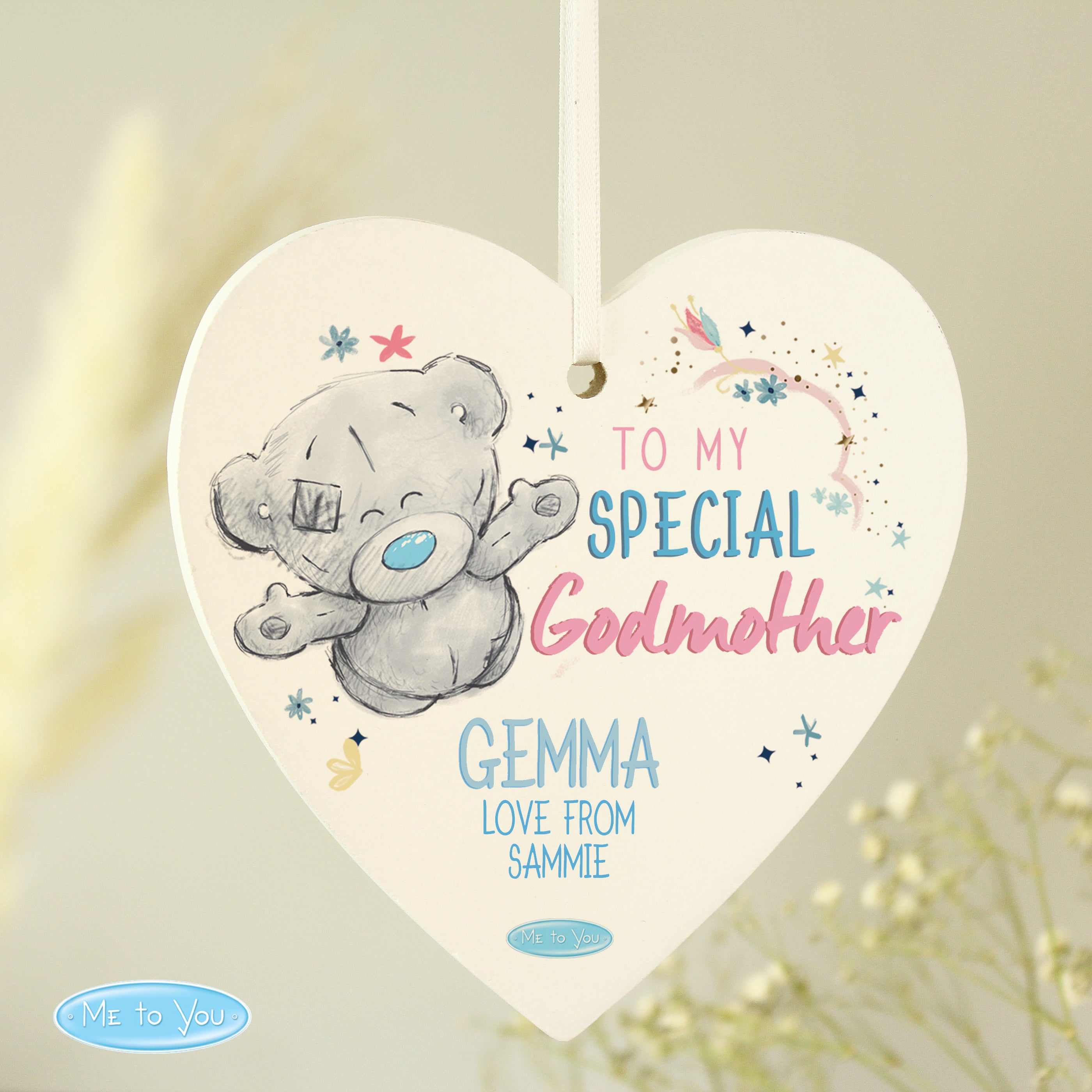 Personalised Me To You Godmother Wooden Heart Decoration
