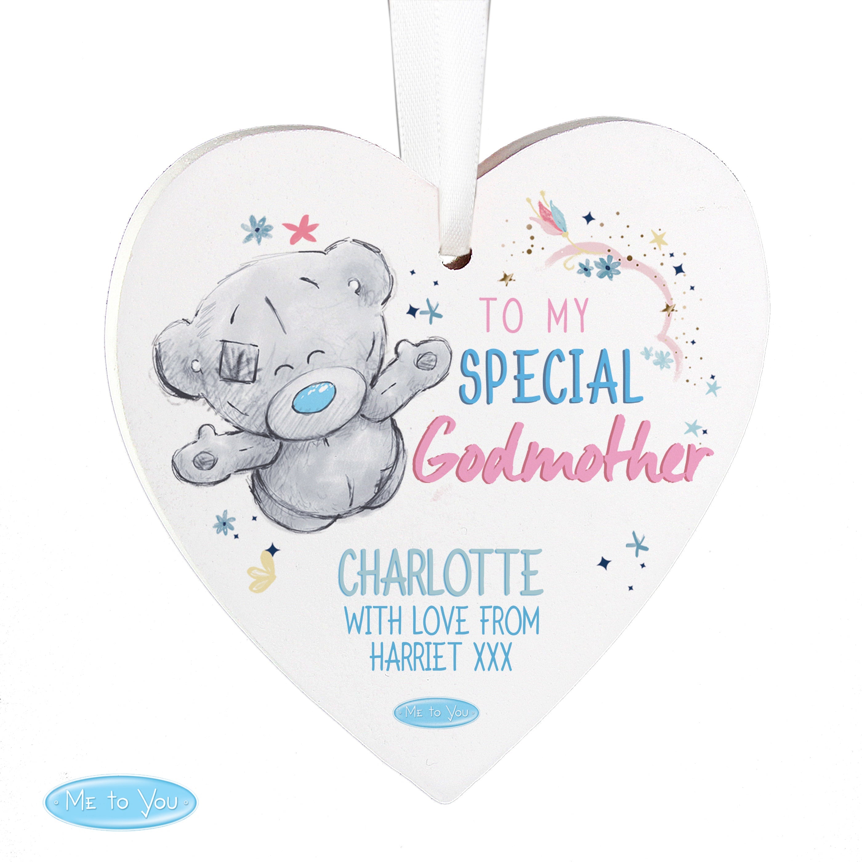 Personalised Me To You Godmother Wooden Heart Decoration