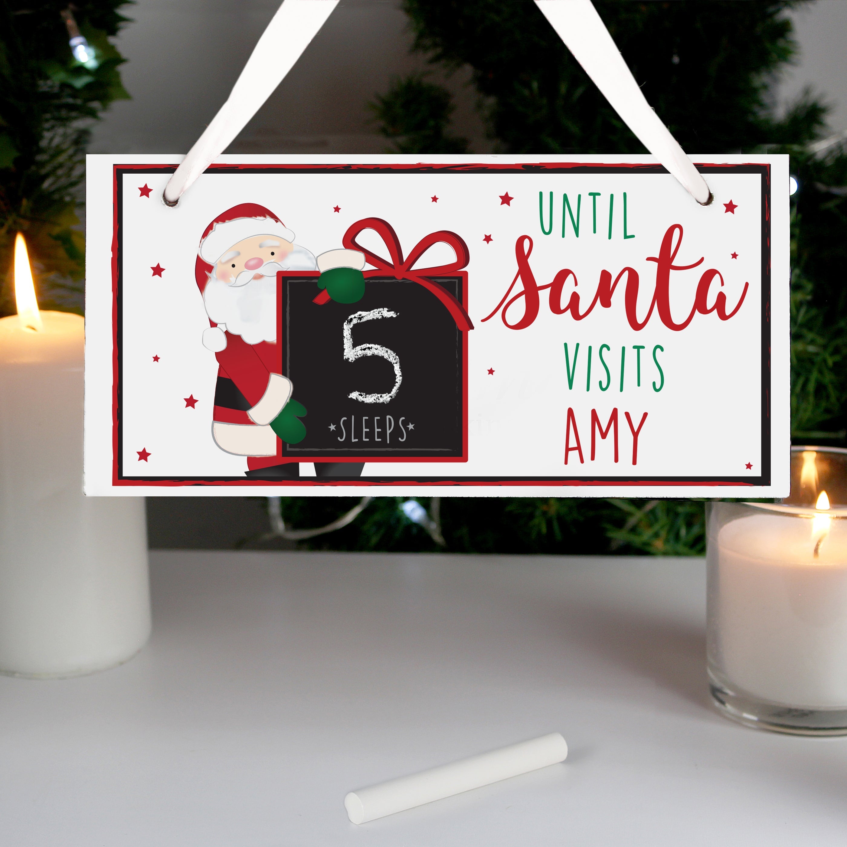 Personalised Santa Christmas Chalk Countdown Wooden Block Sign