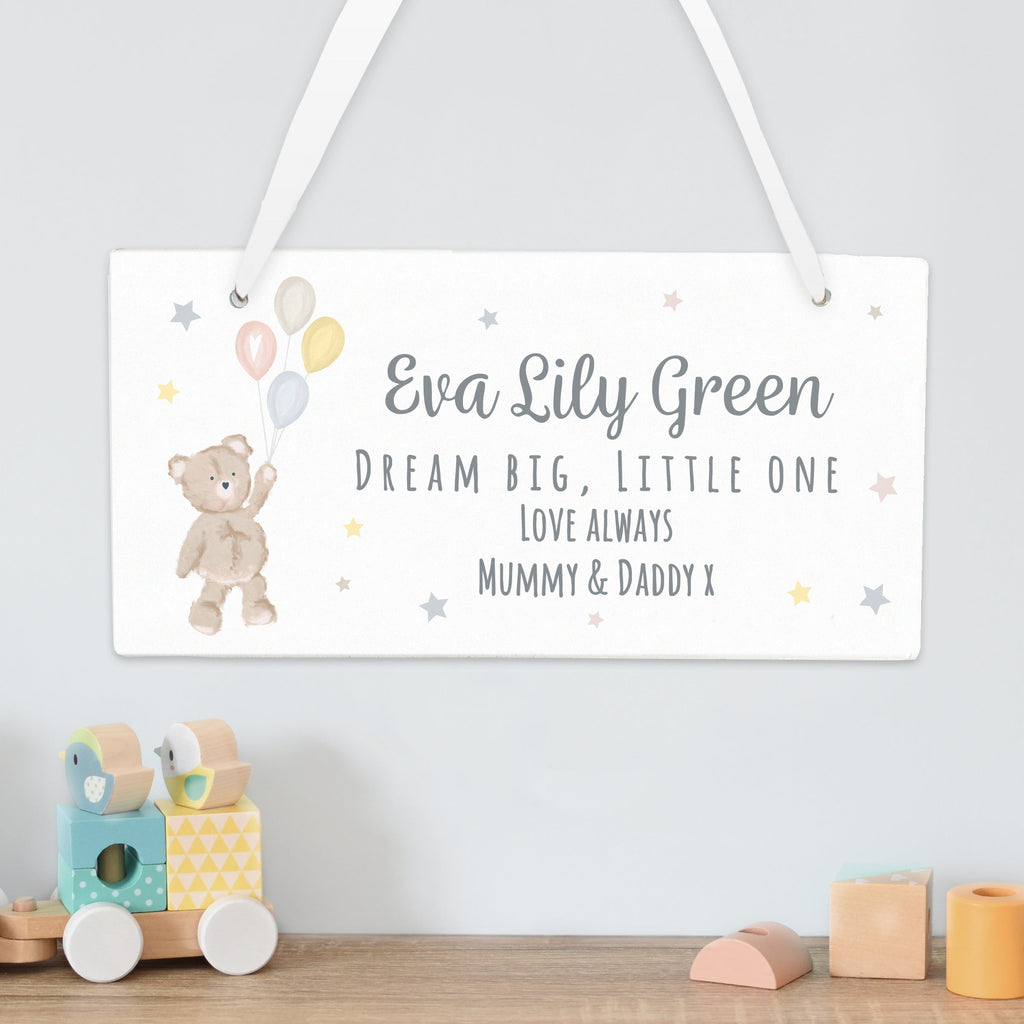 Personalised Teddy & Balloons White Wooden Sign