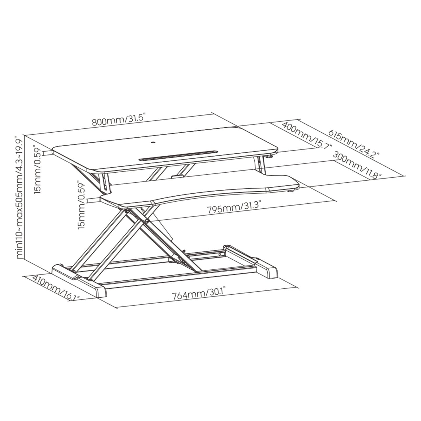 ProperAV Two Tier Worktop Stand Up Desk Converter with Gas Spring Lift & Variable Height Settings - Black