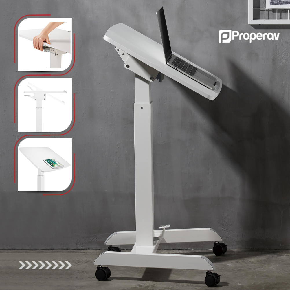 ProperAV Mobile Desk Trolley Workstation with Gas Spring Height Adjustment - White
