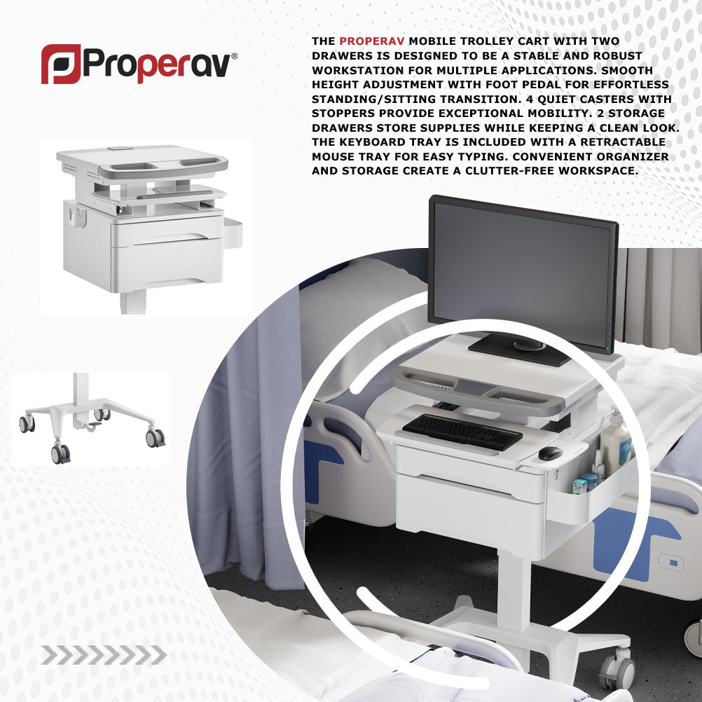 ProperAV Mobile Workstation Trolley Cart with Drawers