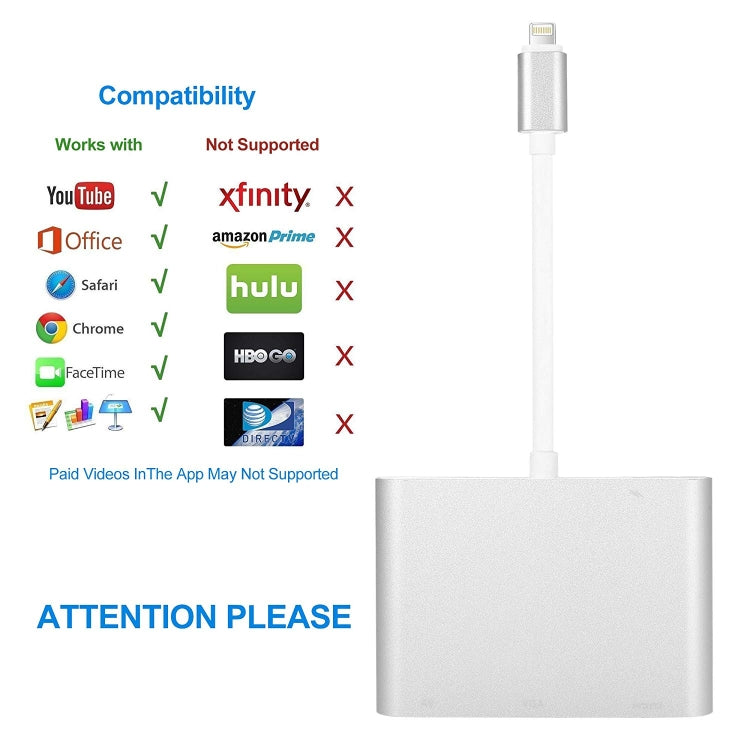 3 in 1 8 Pin to HDMI / VGA / Audio Adapter(Silver)