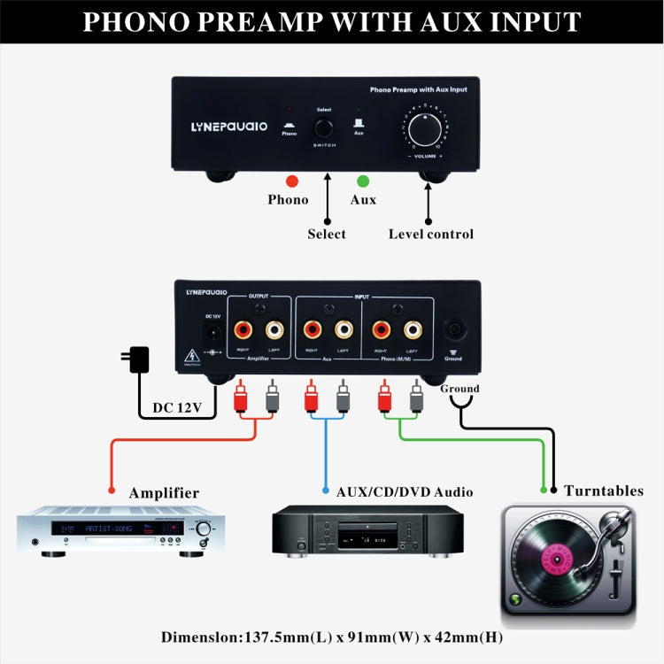 B855 LINEPAUDIO Phone Prephonograph Signal Amplifier with Auxiliary Input and Volume Control