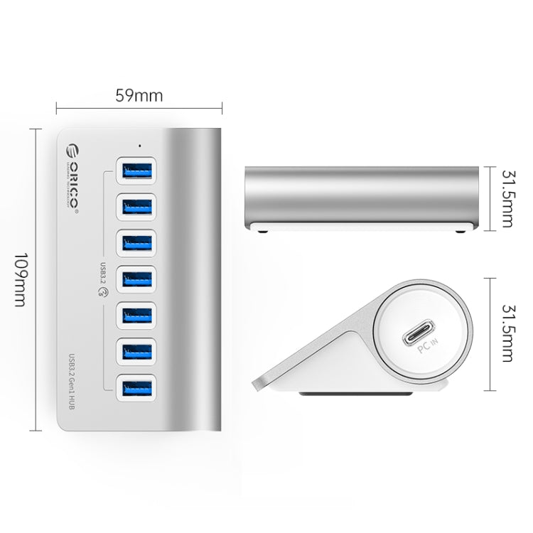 ORICO M3U7 Aluminum Alloy 7-Port USB 3.2 Gen1 5Gbps HUB with 1m Cable(Silver)