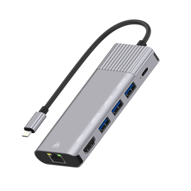 79591 6 in 1 8 Pin to RJ45 + HDMI + 8 Pin Charging + 3 USB 2.0 Ports Multifunctional HUB Converter Docking Station