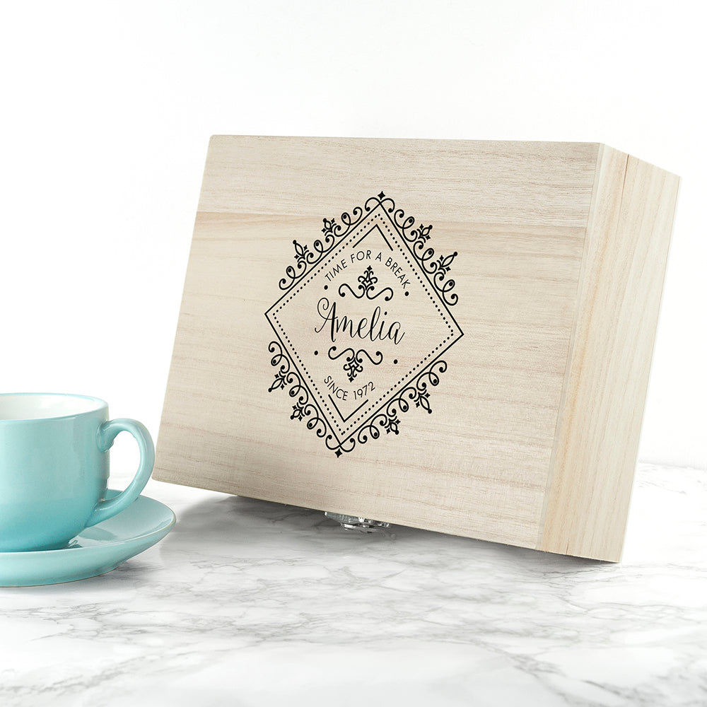 Personalised Time For a Break! Blooming Beautiful Wooden Tea Box