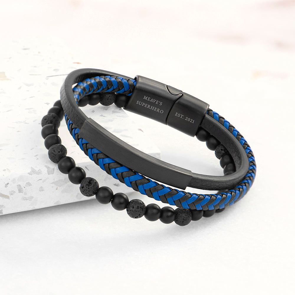 Personalised Men's Black Stone And Blue Cord Bracelet