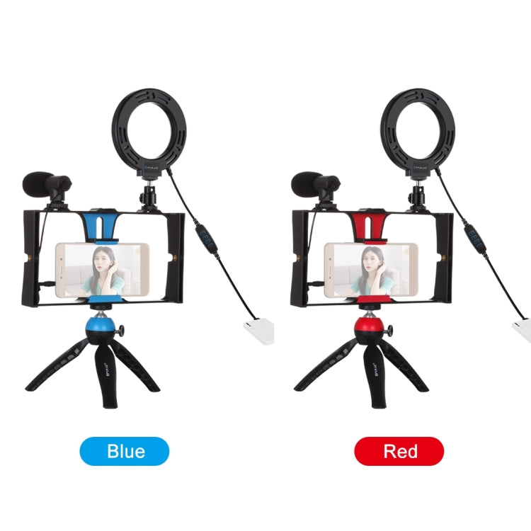 PULUZ 4 in 1 Vlogging Live Broadcast Smartphone Video Rig + 4.7 inch 12cm Ring LED Selfie Light Kits with Microphone + Tripod Mount + Cold Shoe Tripod Head for iPhone, Galaxy, Huawei, Xiaomi, HTC, LG, Google, and Other Smartphones(Blue)