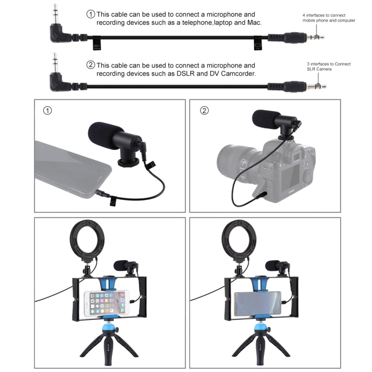 PULUZ 4 in 1 Vlogging Live Broadcast Smartphone Video Rig + 4.7 inch 12cm Ring LED Selfie Light Kits with Microphone + Tripod Mount + Cold Shoe Tripod Head for iPhone, Galaxy, Huawei, Xiaomi, HTC, LG, Google, and Other Smartphones(Blue)