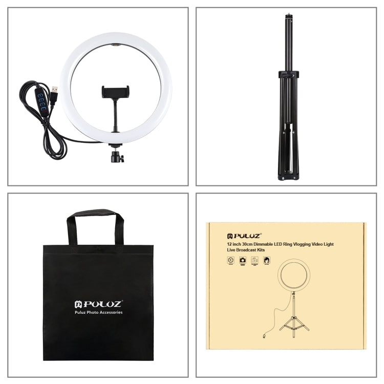 PULUZ 11.8 inch 30cm Light + 1.65m Tripod Mount Curved Surface USB 3 Modes Dimmable Dual Color Temperature LED Ring Vlogging Video Light Live Broadcast Kits with Phone Clamp(Black)