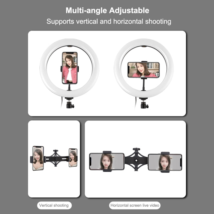 PULUZ 1.65m Tripod Mount + Dual Phone Brackets + 10.2 inch 26cm Curved Surface USB 3 Modes Dimmable Dual Color Temperature Ring Selfie Vlogging Video Light Live Broadcast Kits with Phone Clamp & Selfie Remote Control(Black)