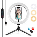 PULUZ 10.2 inch 26cm Light + Desktop Tripod Mount USB 3 Modes Dimmable Dual Color Temperature LED Curved Diffuse Light Ring Vlogging Selfie Photography Video Lights with Phone Clamp, 10.2 inch Curved+Tripod
