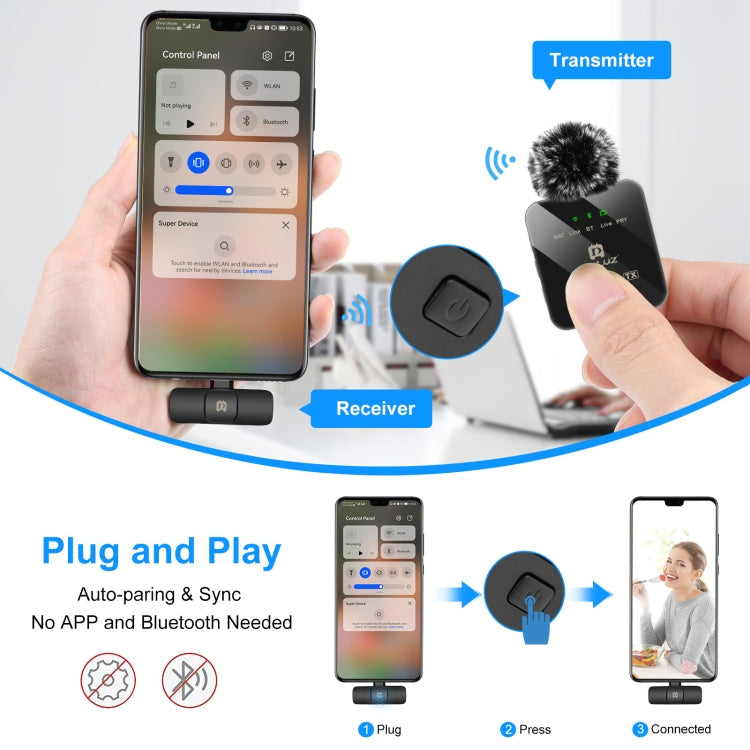 PULUZ Wireless Lavalier Microphone for Type-C Phone, Type-C Receiver and Dual Microphones (Black)