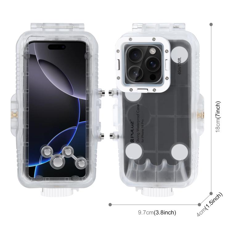 For iPhone 16 Pro PULUZ 40m/130ft Waterproof Diving Case Photo Video Taking Underwater Housing Cover, For iPhone 16 Pro(Transparent)