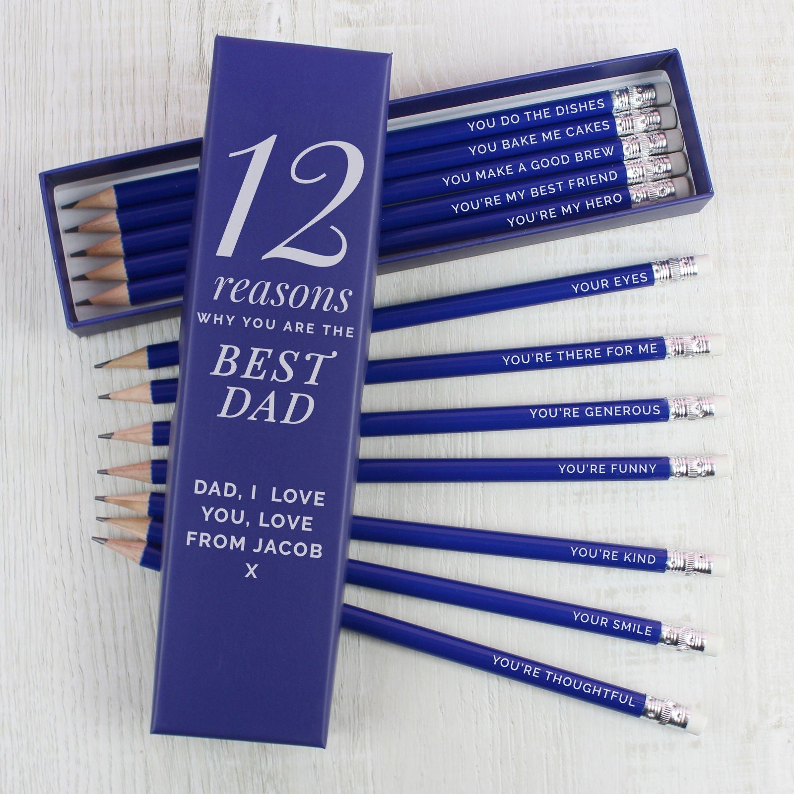 Personalised 12 Reasons Box And 12 Blue Hb Pencils