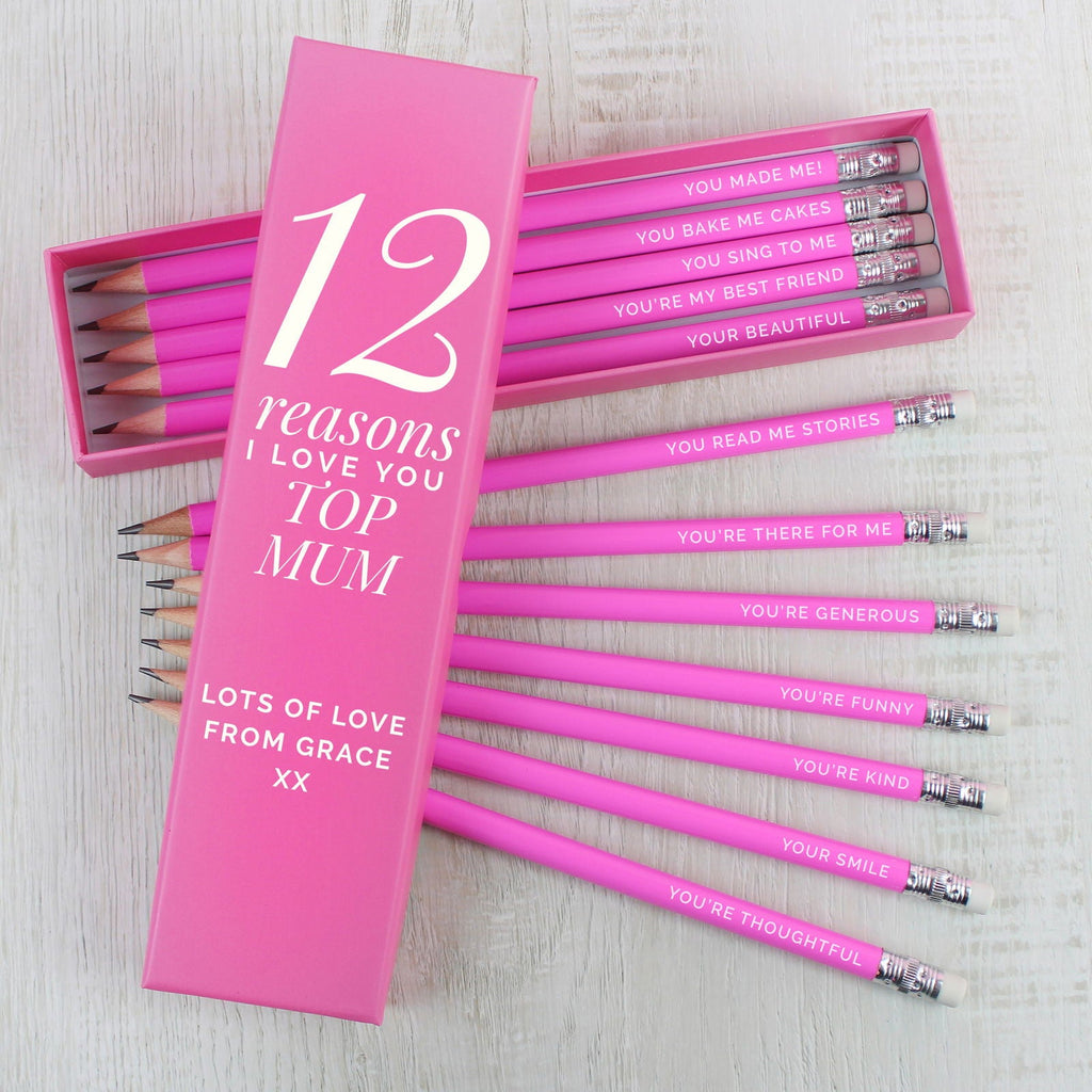 Personalised 12 Reasons Box And 12 Pink Hb Pencils