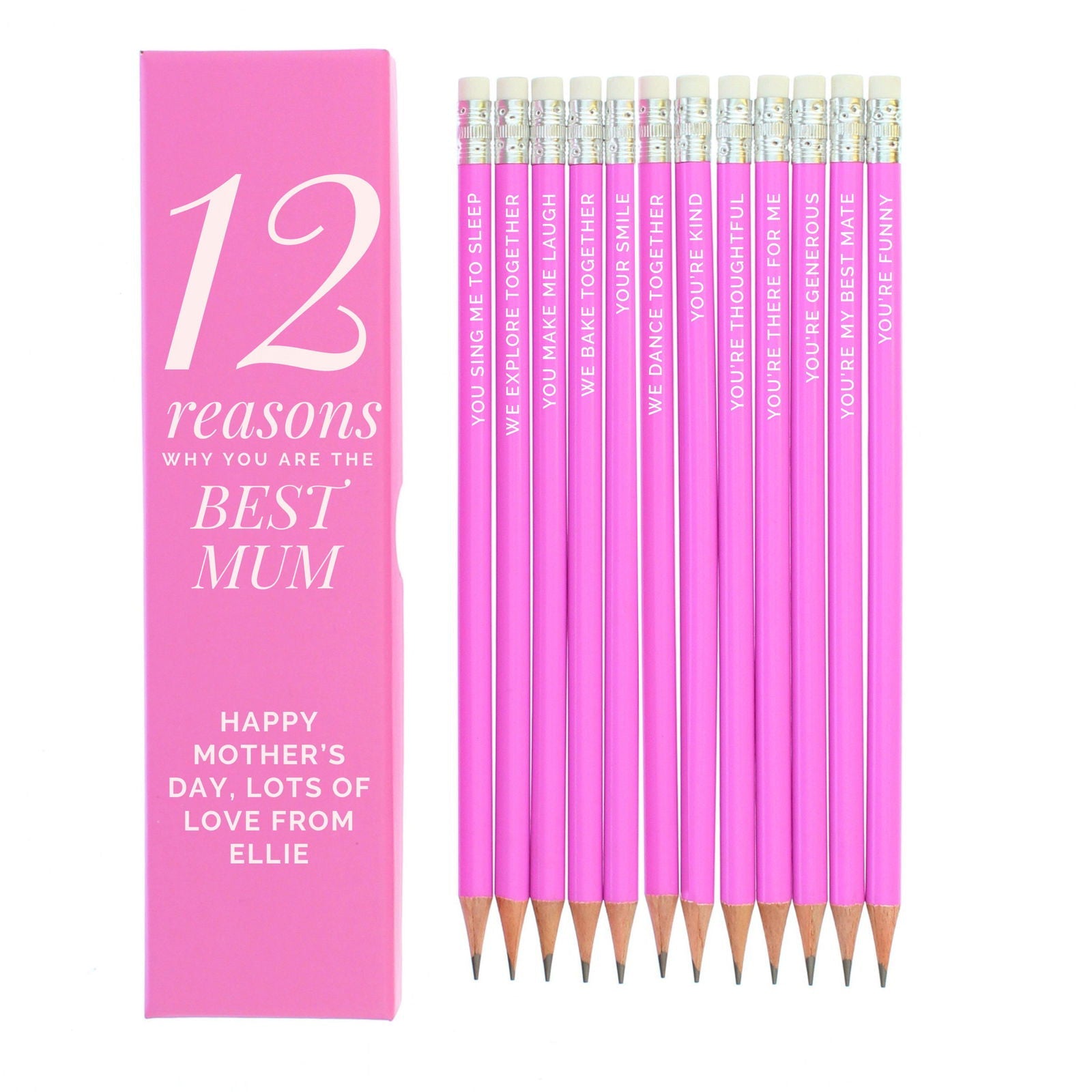 Personalised 12 Reasons Box And 12 Pink Hb Pencils