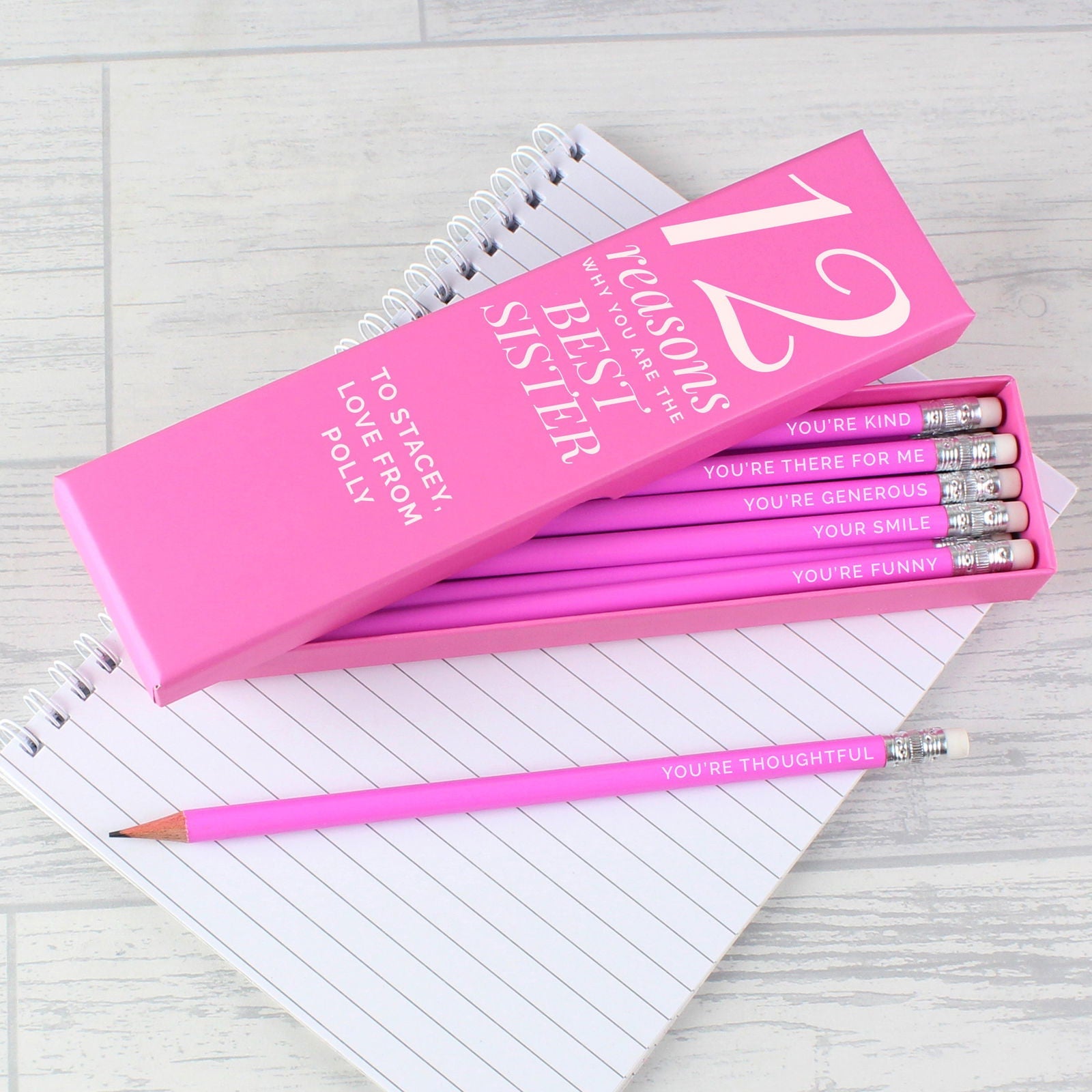 Personalised 12 Reasons Box And 12 Pink Hb Pencils
