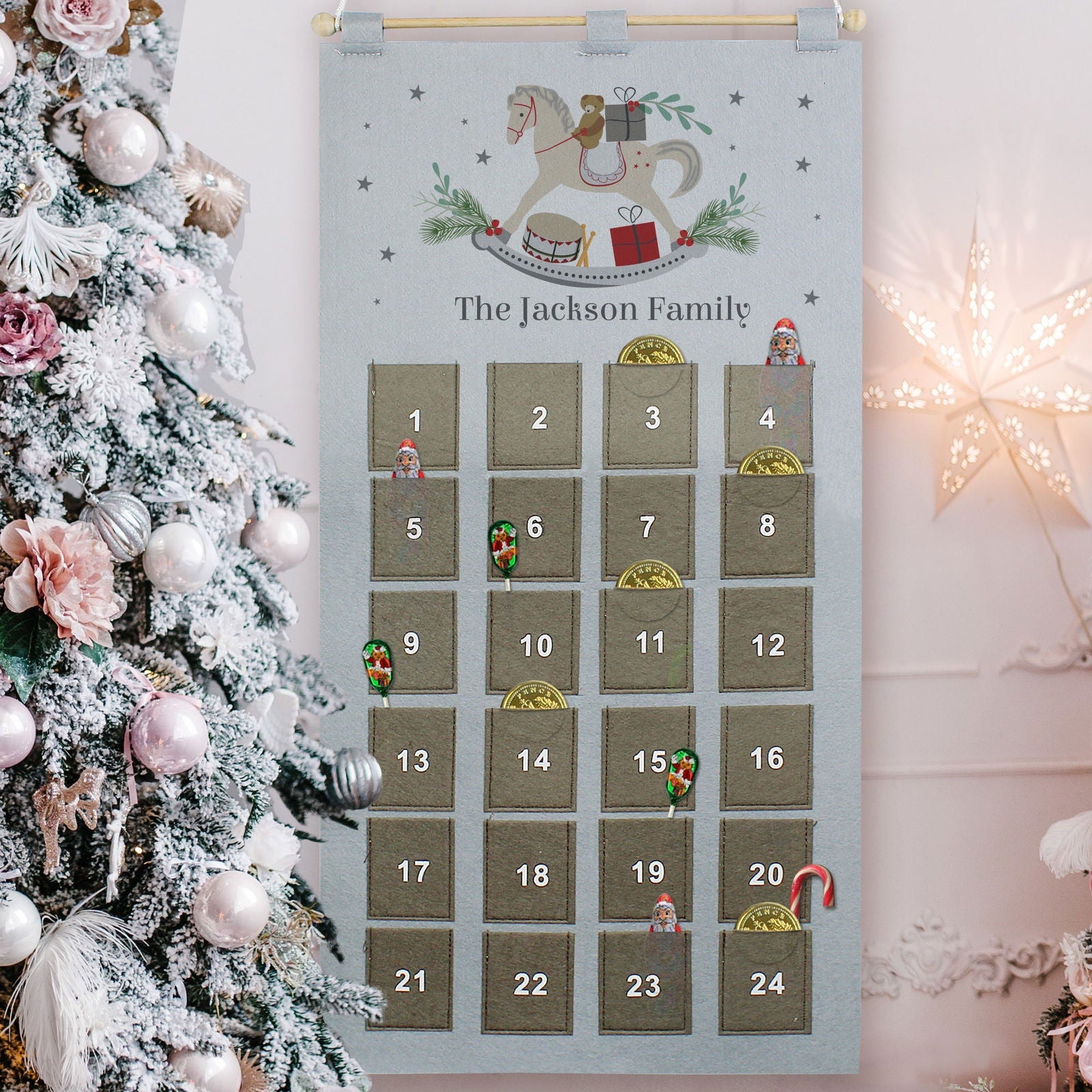 Personalised 2026 Rocking Horse Advent Calendar In Silver Grey
