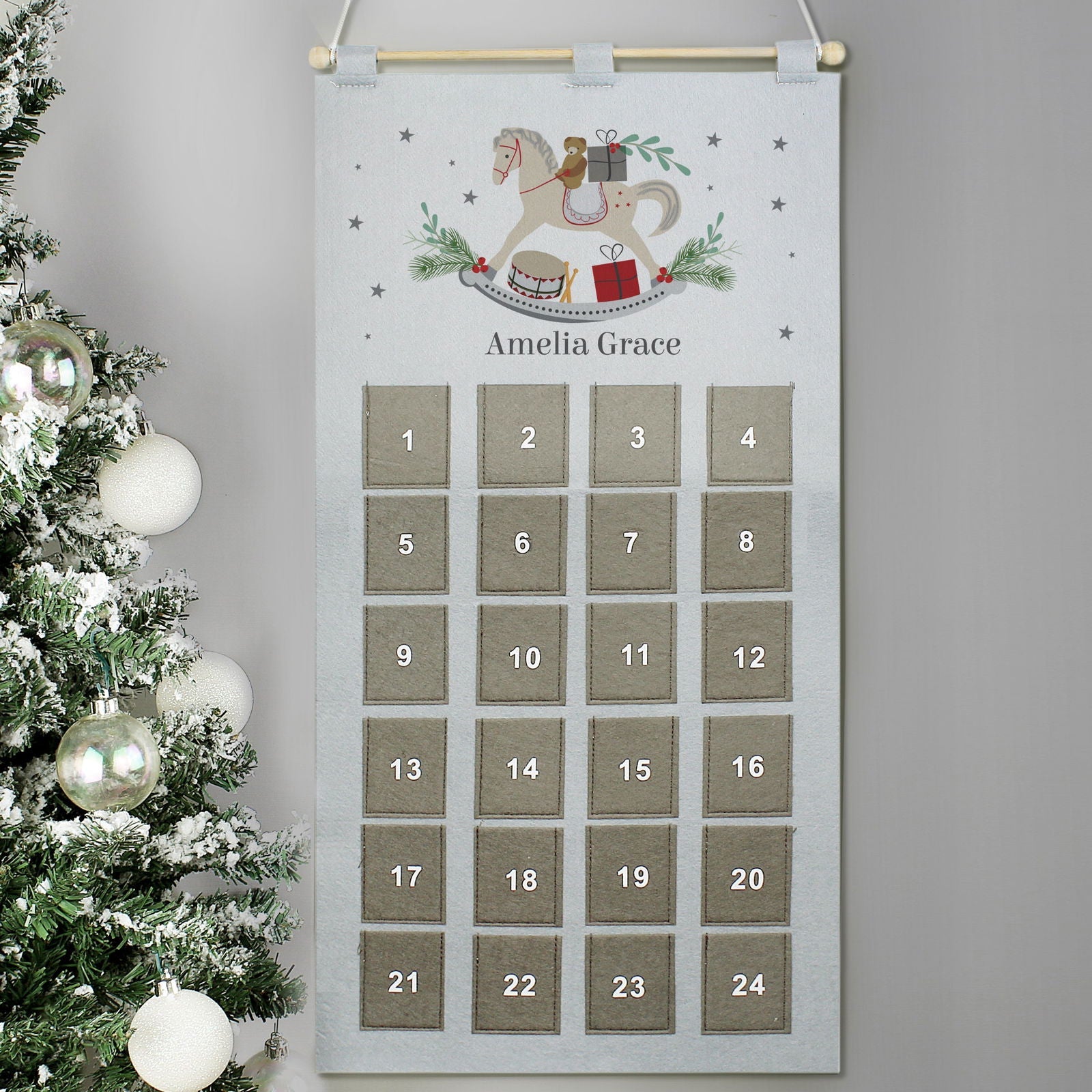 Personalised 2026 Rocking Horse Advent Calendar In Silver Grey