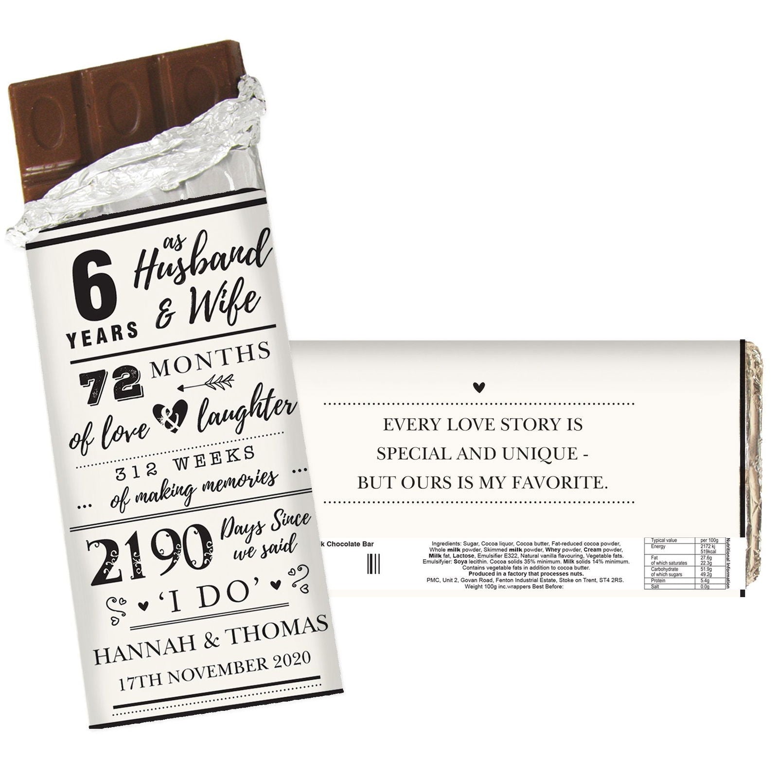Personalised 6th Anniversary Milk Chocolate Bar