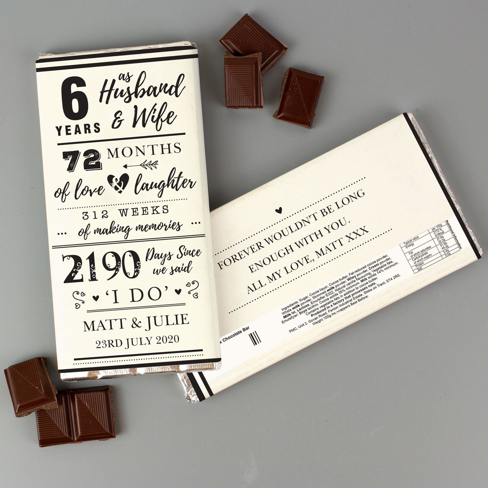 Personalised 6th Anniversary Milk Chocolate Bar