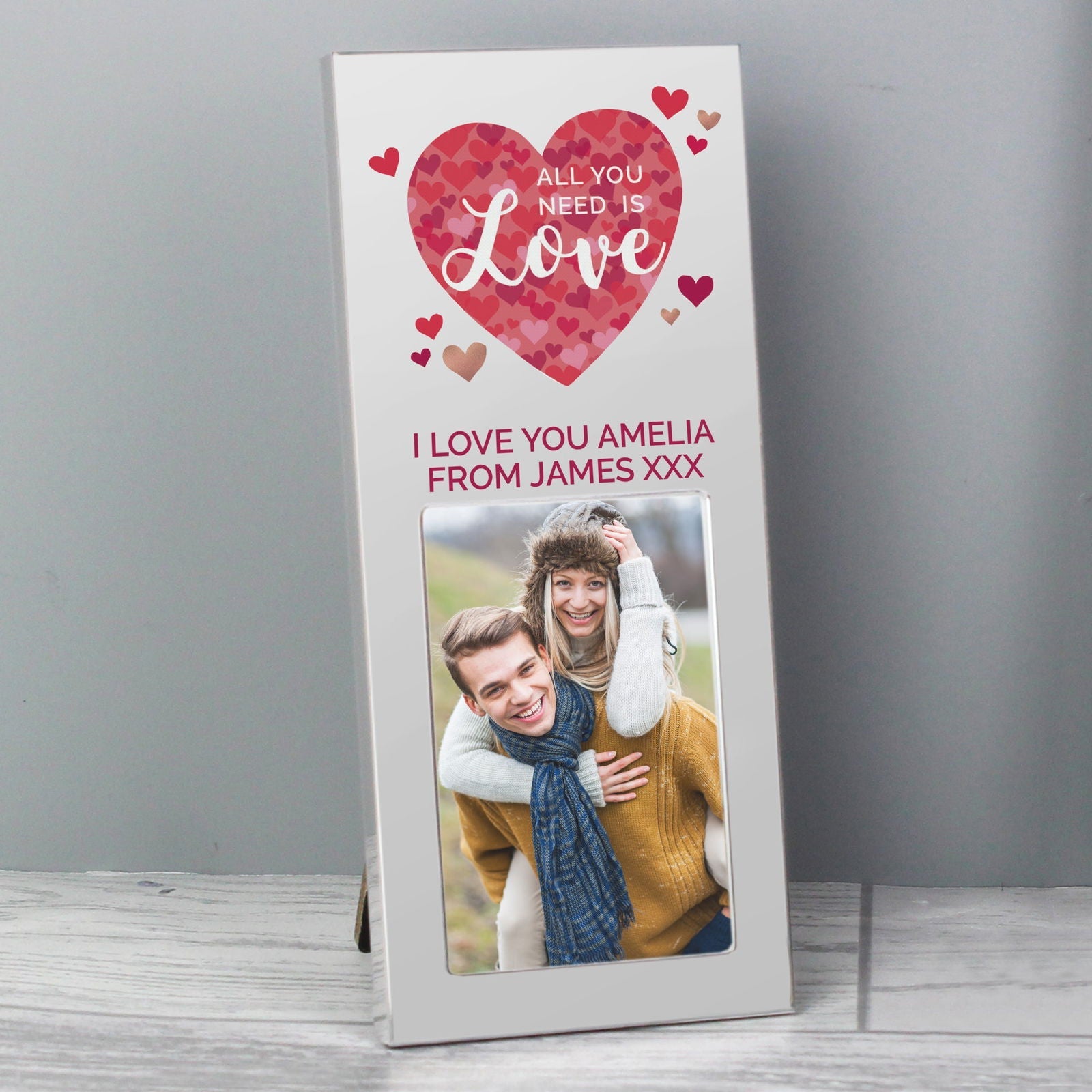 Personalised 'All You Need Is Love' Confetti Hearts 2x3 Inch Photo Frame