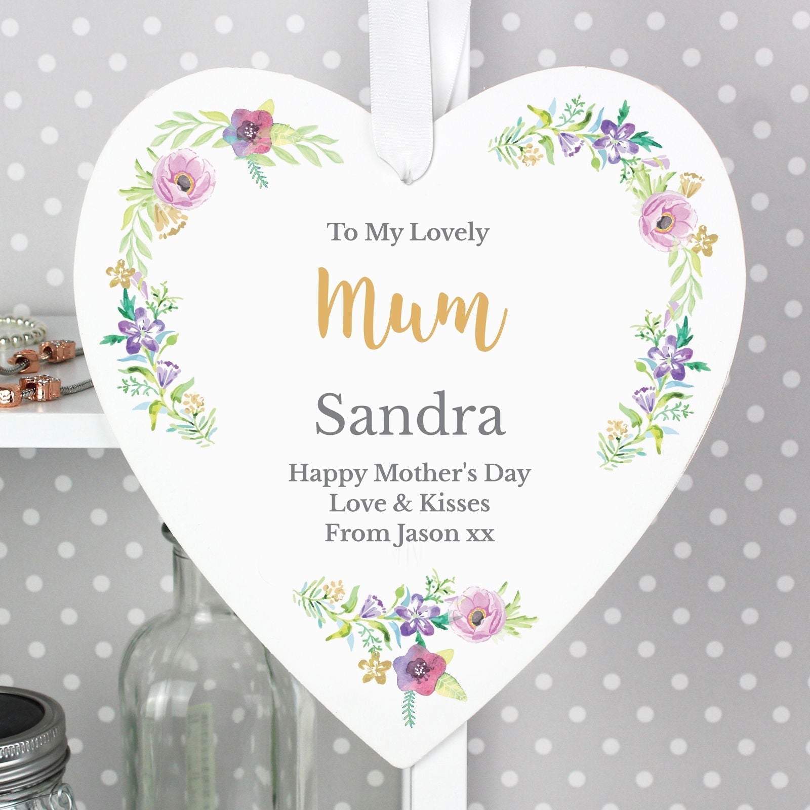 Personalised Any Role 'Floral Watercolour' Large Wooden Heart Decoration