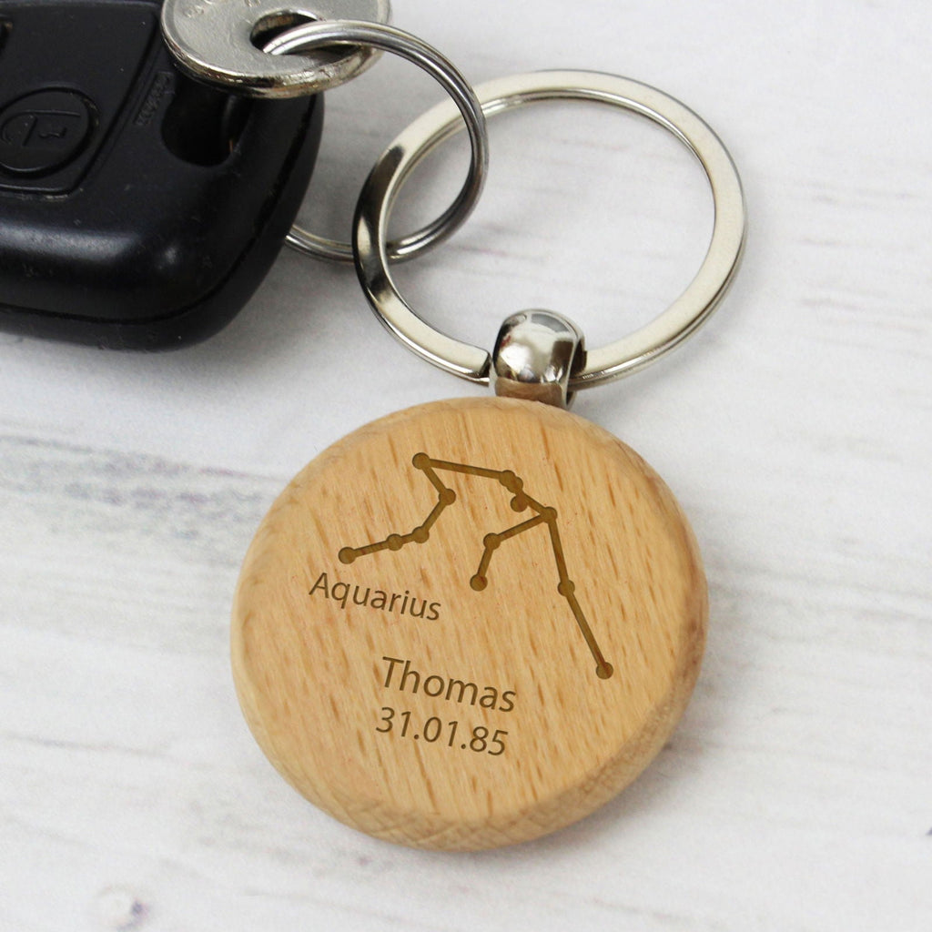 Personalised Aquarius Zodiac Star Sign Wooden Keyring (January 20th - February 18th)