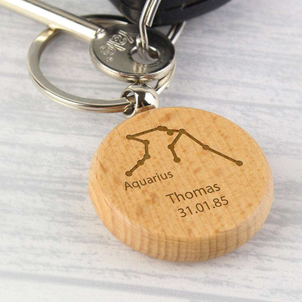 Personalised Aquarius Zodiac Star Sign Wooden Keyring (January 20th - February 18th)