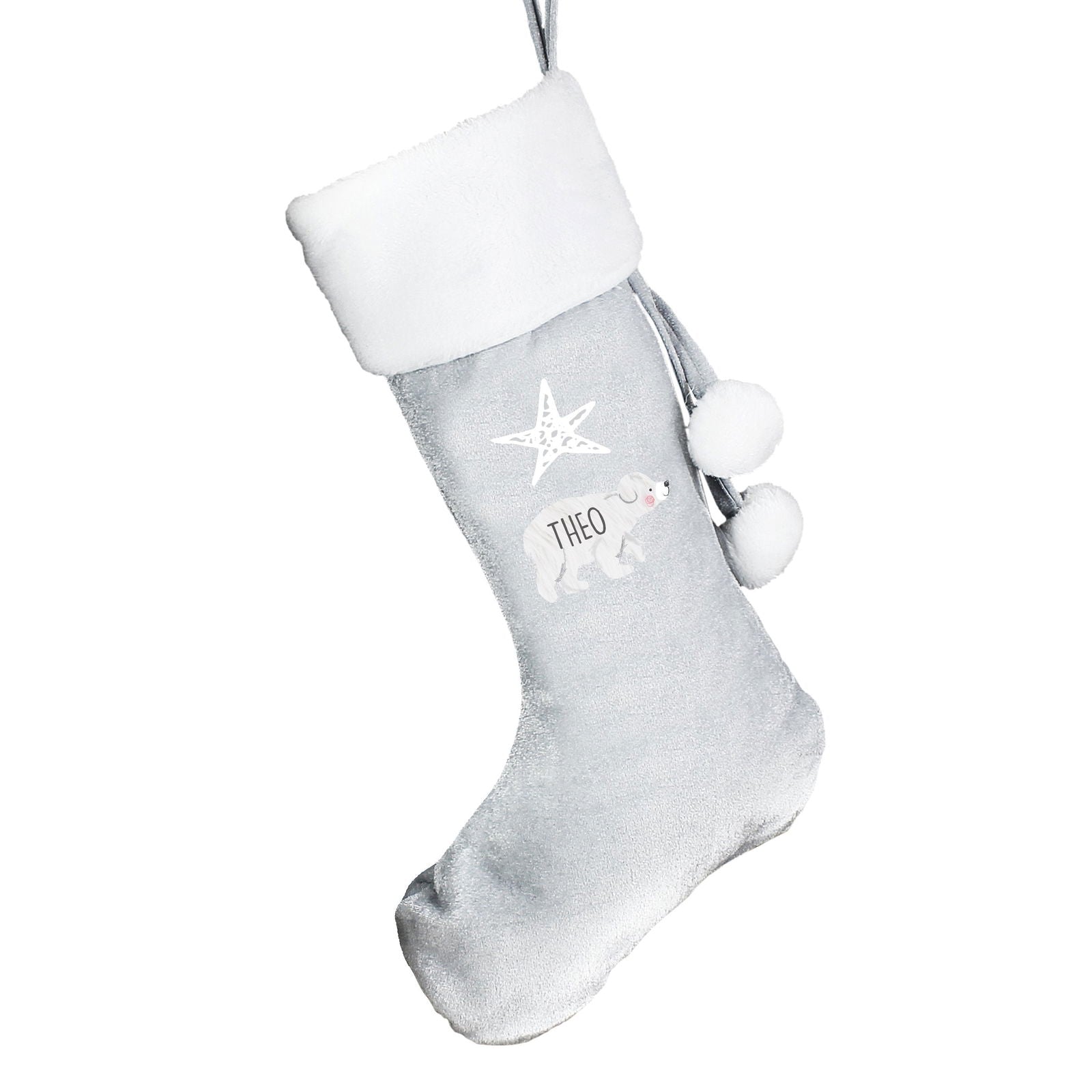 Personalised Baby Polar Bear Luxury Silver Grey Stocking