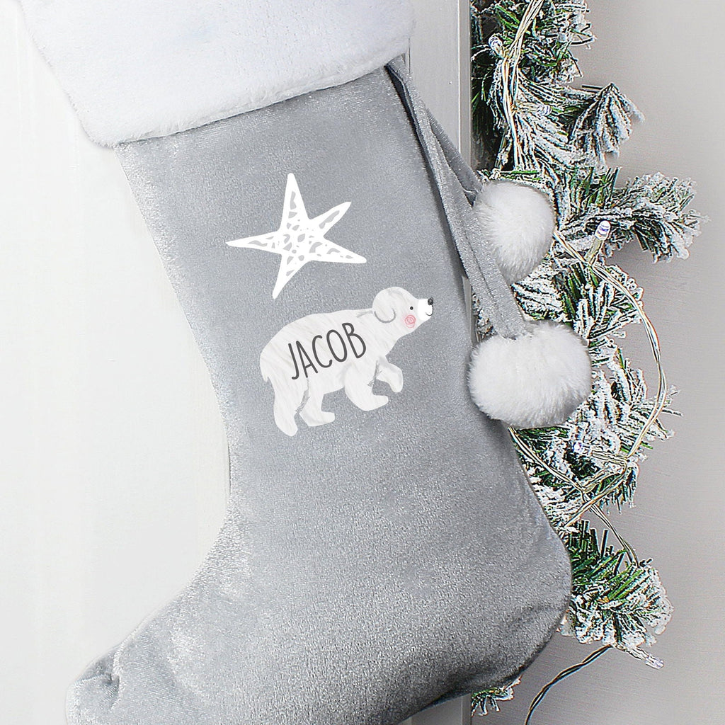 Personalised Baby Polar Bear Luxury Silver Grey Stocking