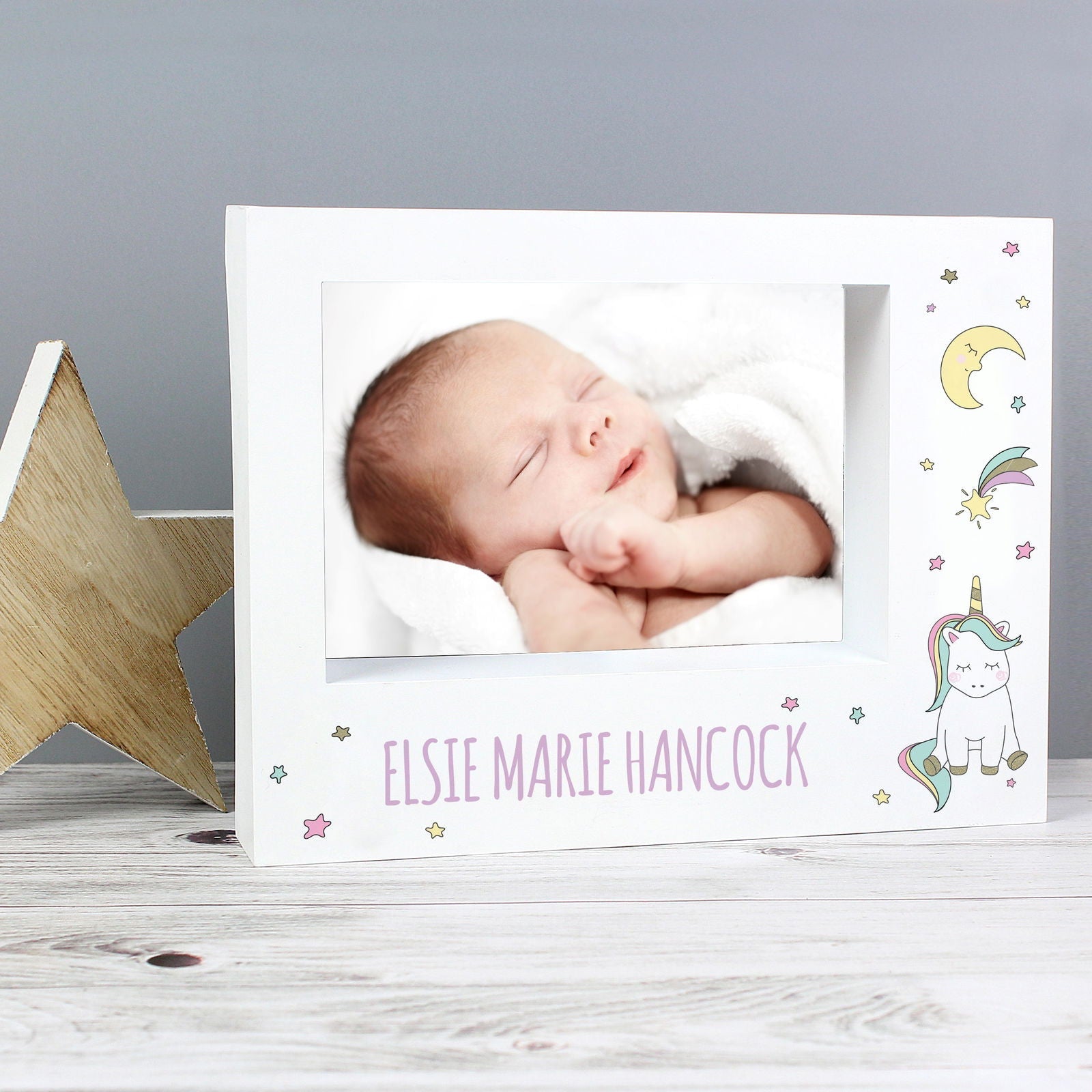 Personalised Baby Unicorn 7x5 Inch Landscape Box Photo Frame