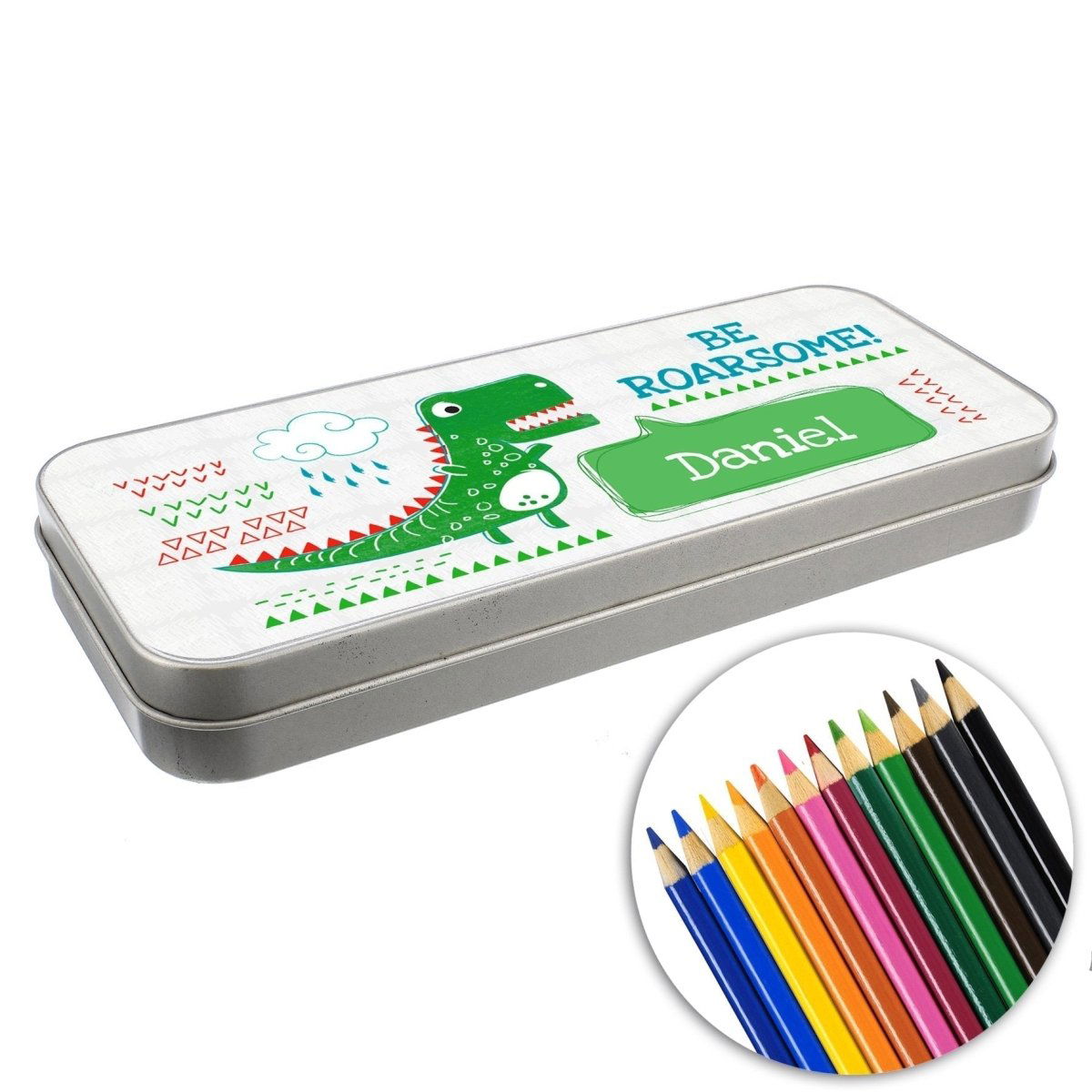 Personalised 'Be Roarsome' Dinosaur Pencil Tin With Pencil Crayons